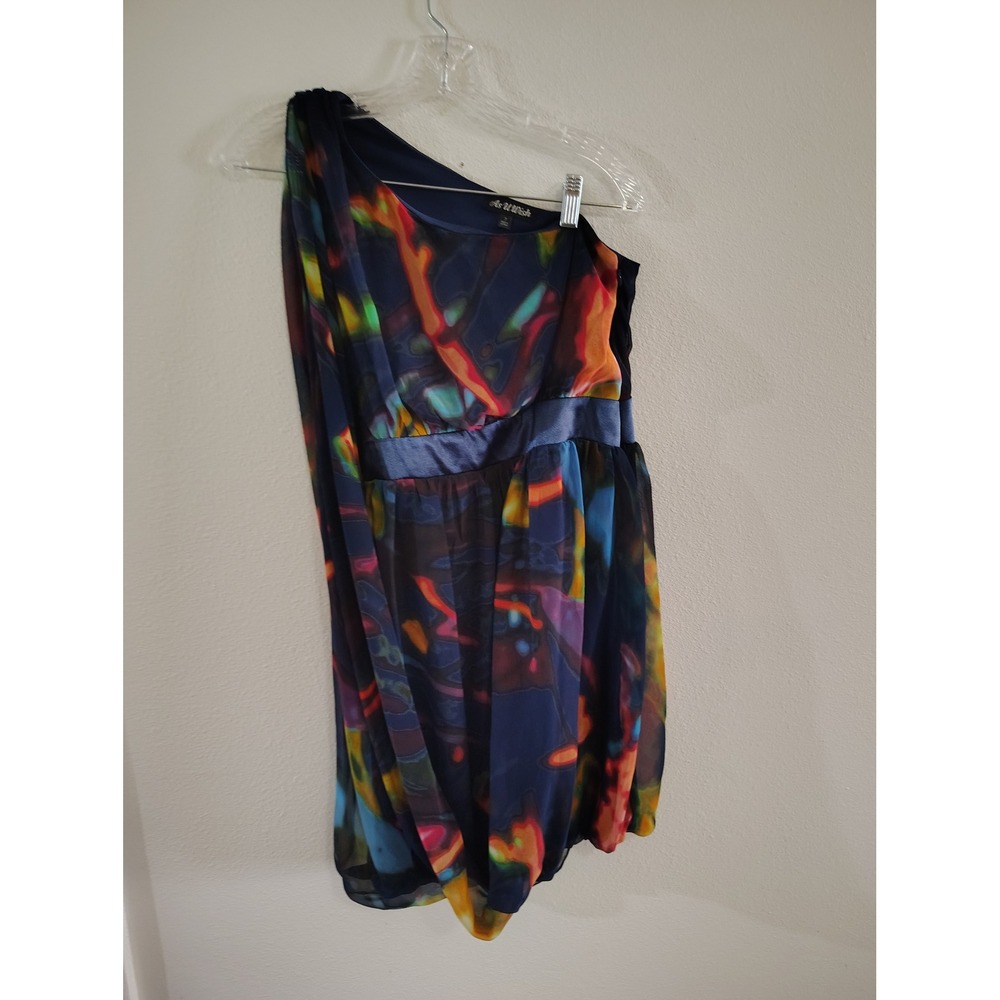 As U Wish Womens One Shoulder Abstract Print Empire Waist Mini Dress Navy Blue 7